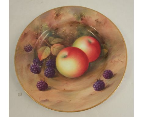 A Royal Worcester side plate, decorated with fruit to a mossy background by A Shuck, dated 1937, diameter 6insCondition Repor