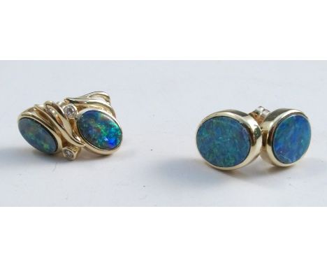 A pair of opal doublet and diamond ear studs, 1.9g gross, together with a pair of opal doublet ear studs, stamped '14k', 2.3g