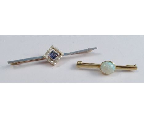 An opal bar brooch, together with a sapphire and seed pearl bar brooch 6.1g gross