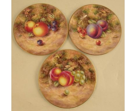 Three Royal Worcester side plates, decorated with fruit by Freeman, diameter 6insCondition Report:  All three in good conditi
