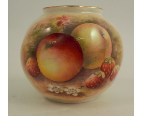 A Royal Worcester vase, the wrythern molded body decorated to the front with fruit to a mossy background by E Townsend, shape