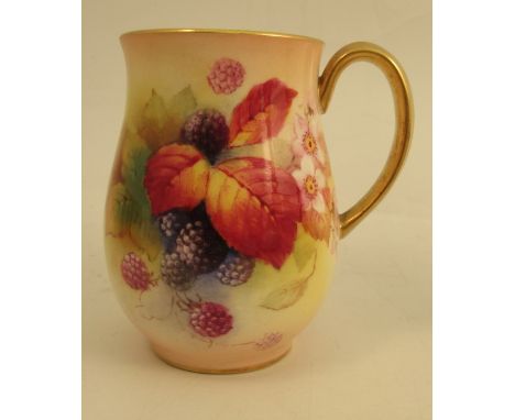 A Royal Worcester baluster shaped mug, decorated with blackberries and autumnal leaves by Kitty Blake, dated 1941, height 4in