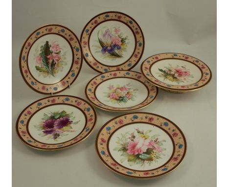 A late 1870's Royal Worcester tazza, together with a set of five dessert plates, decorated with flowers to a banded border wi