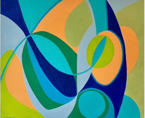 Joyce TURNER (1920-2020) Balance Oil on board, signed, further signed and inscribed to verso, 51 x 61cm. Frame size 68 x 78cm