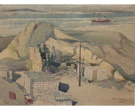 T R HARVEY Penlee Stone Quarry, Newlyn  Watercolour, signed, further signed, inscribed and dated 1958 to verso, 28 x 37cm. Fr