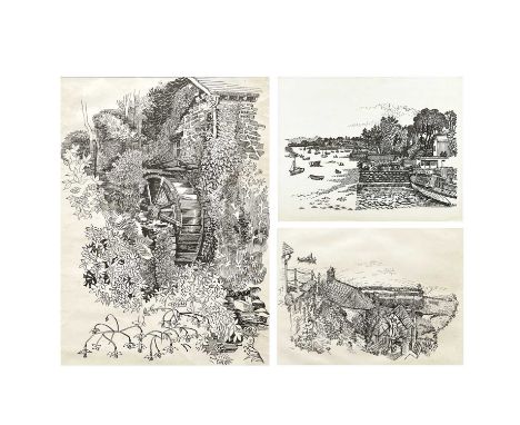 Fred YATES (1922-2008) Mill, Harbour and Estruary Three lithographs, each signed in the print, 47.5x34cm, 25x33.5cm and 26x33