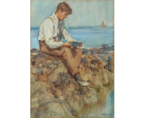 Henry Scott TUKE (1858-1929) Young Man Reading (1920)  Watercolour, signed and dated 1920, inscribed 'To J. A. H.', 24 x 17cm
