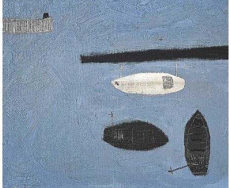 Padraig MACMIADHACHAIN (1929-2017) Boats in Harbour, Cornwall (1995)  Oil on canvas, signed, further signed, inscribed and da