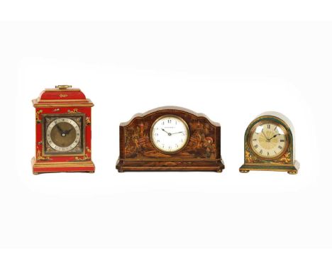 THREE EDWARDIAN LACQUERED CHINOISERIE DECORATED MANTEL CLOCKS enclosing French eight-day spring-driven movements.20cm high an