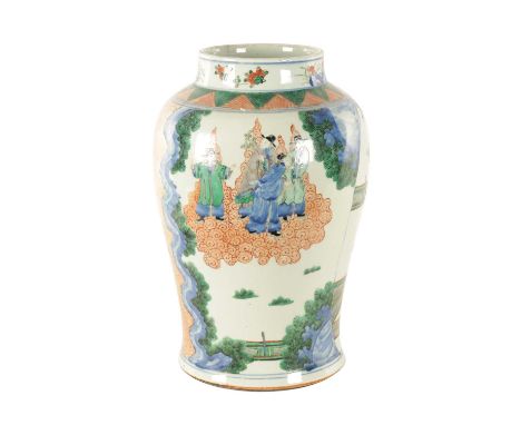 A LARGE 19TH CENTURY CHINESE PORCELAIN WUCAI BULBOUS VASE with figural landscape designs and coloured borders.40cm high 25cm 