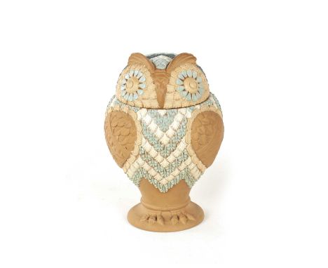 A DOULTON LAMBETH SILICAN WARE OWL TOBACCO JAR AND COVER CIRCA 1880 with coloured decoration on a neutral ground - impressed 