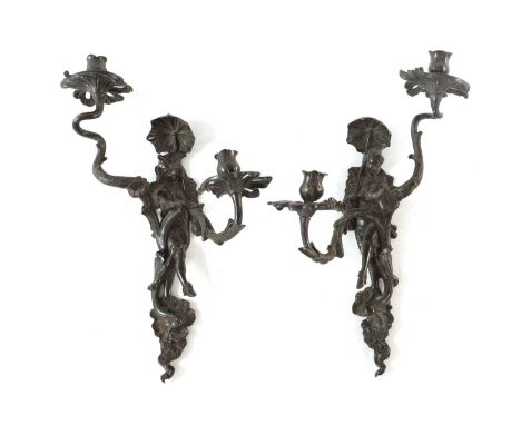 A PAIR OF 19TH CENTURY BRONZE TWO BRANCH WALL BRACKET LIGHT FITTINGS IN THE CHIPPENDALE STYLE in the rococo style with leafwo