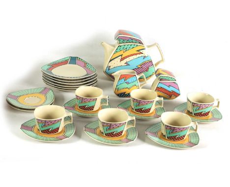 A ROSENTHAL, GERMANY ART DECO STYLE 24 PIECE 'JAZZ' PATTERN TEA SERVICE comprising 6 cups and 8 saucers, 7 side plates, flatt