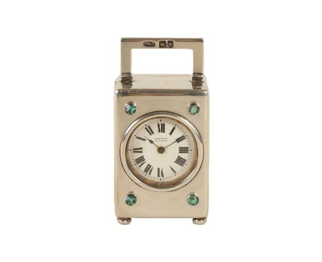 ASPREY, LONDON. A LATE VICTORIAN SILVER AND ABALONE SHELL CARRIAGE CLOCK of rectangular form with hinged handle and four abal