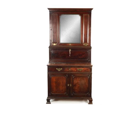 AN UNUSUAL GEORGE II MAHOGANY ESTATE CABINET of three sections having a mirrored top with with brass moulded cornice and pane