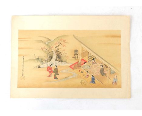 A FINE 19TH CENTURY JAPANESE BLOCK PRINT depicting figures in a landscape with a pagoda and waterfall - signed19cm high 34.5c
