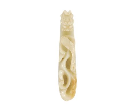 A CHINESE PALE RUSSET JADE BELT HOOK formed as a dragon9.5cm accrossIn good undamaged condition with no breaks or repairs.