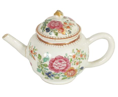 AN 18TH CENTURY CHINESE FAMILLE ROSE TEAPOT of bulbous form decorated in bright enamel colours with flowering leafwork sprays