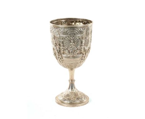 A 19TH CENTURY INDIAN SILVER GOBLET BY COOKE &amp; KELVEY CALCUTTA finely embossed with scenes of peacocks and processional f