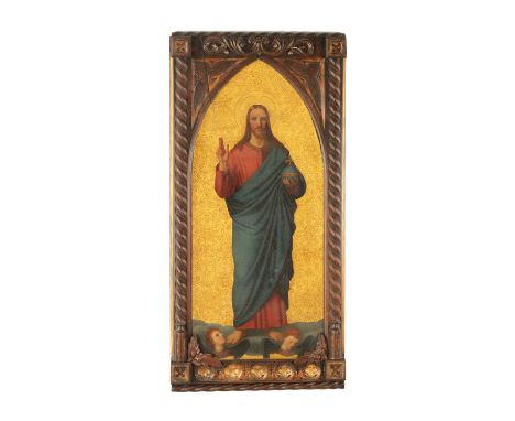 A LATE 19TH CENTURY OIL ON CANVAS ‘SALVADOR MUNDI’ inscribed in pencil on reverse and mounted in an oak gothic style frame78c