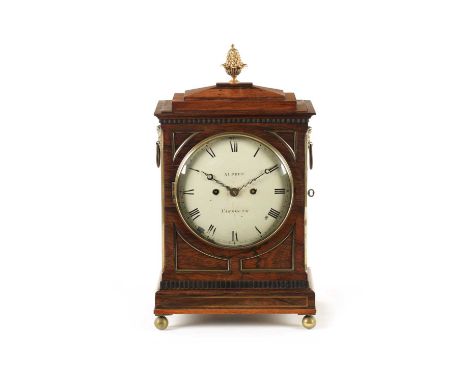 ALDRED, YARMOUTH. A REGENCY ENGLISH ROSEWOOD BRACKET CLOCK OF NICE PROPORTIONS the chamfer top case with gilt pineapple finia