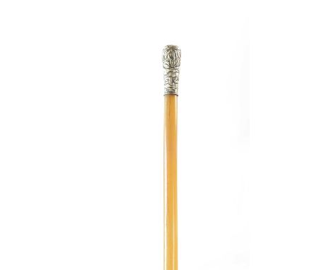 A LATE 19TH CENTURY CHINESE SILVER TOPPED RHINOCEROS HORN RIDING CROP the pommel decorated with figures in a woodland setting