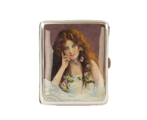 AN EARLY 20TH CENTURY CONTINENTAL BOWED PLAIN SILVER AND ENAMEL CIGARETTE CASE the top with a finely decorated panel of a you