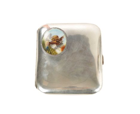 A 19TH CENTURY CONTINENTAL SILVER AND GUILLOCHE ENAMEL CIGARETTE CASE OF HUNTING INTEREST the plain case with an applied oval