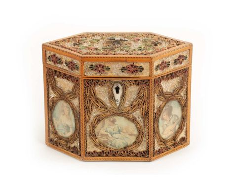 A FINE GEORGE III CHEQUERBAND STRUNG SATINWOOD, SCROLLED PAPER, CRUSHED GLASS AND PORTRAIT PANELLED HEXAGONAL TEA CADDY the p