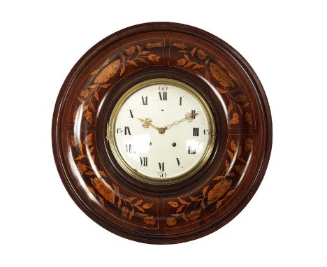 A LARGE LATE 18TH CENTURY FRENCH INLAID VERGE QUARTER CHIMING WALL CLOCK with floral inlaid cushion moulded mahogany surround