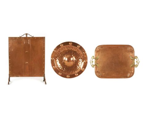 THREE PIECES OF ARTS AND CRAFTS COPPERWARE comprising of a fire screen a rectangular tray and a circular dish.fire screen 66c