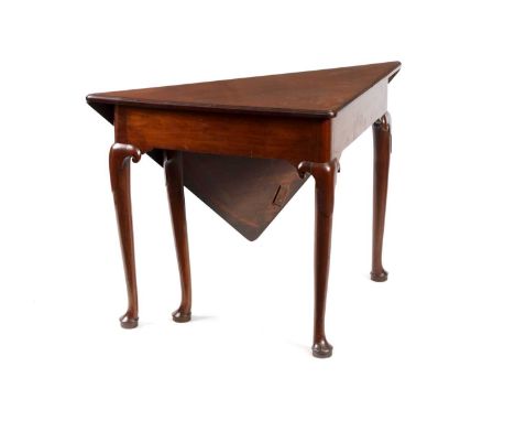 A GEORGE III TRIANGULAR DROP LEAF SIDE/SUPPER TABLE with fold-down half top, single gate and scroll topped turned tapering le