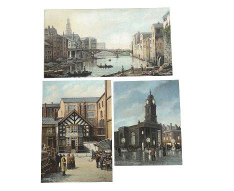 J R McGUIRE. A GROUP OF THREE OILS ON BOARD - VIEWS OF MANCHESTER Each inscribed and dated. Signed and dated 1978. (3)46.5 by