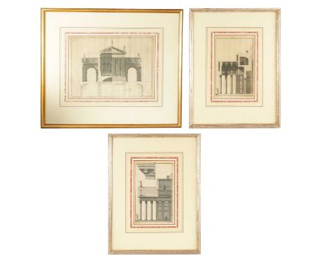 A SET OF 19TH CENTURY THREE ARCHITECTURAL DETAILING ENGRAVINGS depicting sectional views of a Georgian temple, signed by E. H