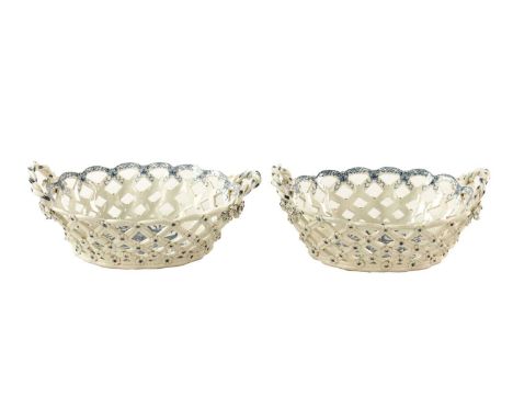 A PAIR OF 18TH CENTURY WORCESTER BLUE TRANSFER PRINTED CHESTNUT BASKETS decorated with a pine cone pattern with hatched cresc