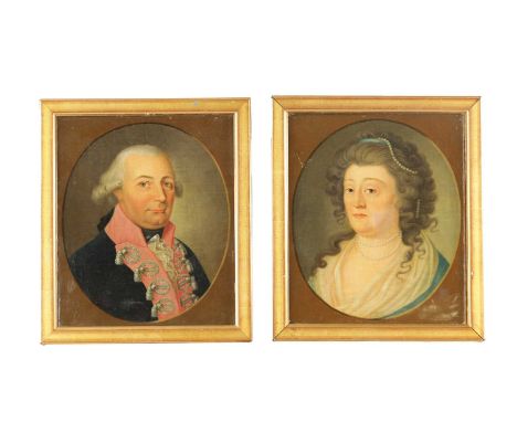 A PAIR OF 18TH CENTURY PORTRAIT OIL ON CANVAS of a gentleman's wife - relined and in gilt slips.31cm high 26cm wide