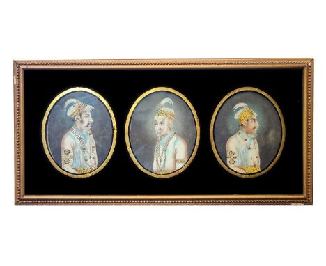 A SET OF THREE INDIAN PORTRAIT MINIATURES ON IVORY depicting Prince Salim, Ahmet Shah and Emperor Akbar, each finely painted 