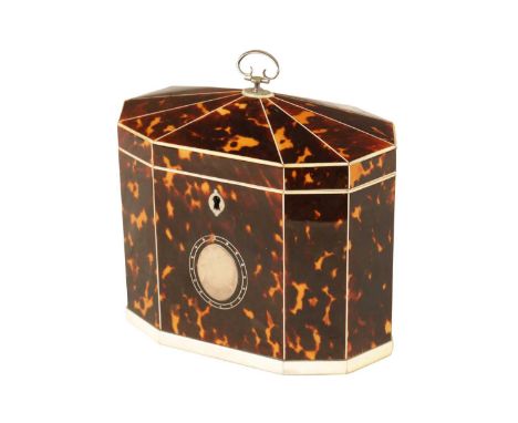 A FINE GEORGE III TORTOISHELL, IVORY AND SILVER MOUNTED TENT TOP TEA CADDY the octagonal body with all-over ivory banding and