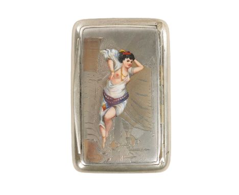 A 19TH CENTURY HUNGARIAN SILVER AND ENAMEL EROTIC SNUFF BOX with engraved lid and applied enamel depicting a reclining nude l