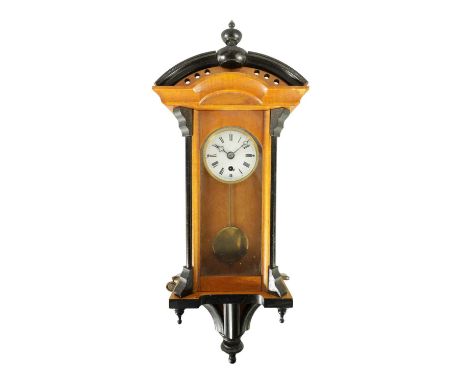 A LATE 19TH CENTURY MINIATURE VIENNA STYLE WALL CLOCK the satinwood case with ebonised moulds and glazed door enclosing a 2.5