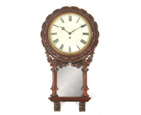 A 19TH CENTURY MAHOGANY 12" FUSEE DROP DIAL WALL CLOCK the leaf-carved drop-down case with mirror back and carved surround. T