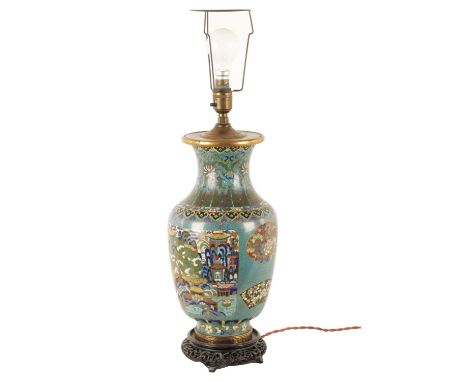 A LATE 19TH/EARLY 20TH CENTURY CHINESE CLOISONNÉ VASE LAMP of multi coloured panelled design on a blue ground beneath a flora