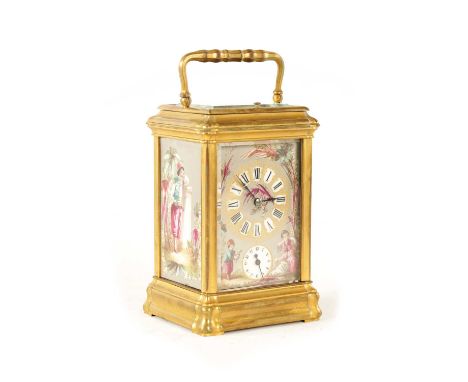A LATE 19TH CENTURY GILT PORCELAIN PANELLED GORGE CASED REPEATING CARRIAGE CLOCK the gilt brass moulded case having Eastern s