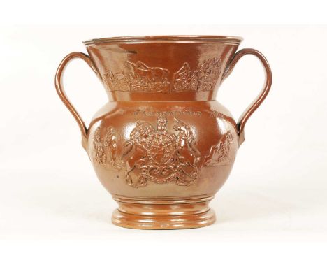 AN OVERSIZED 19TH CENTURY BROWN SALT GLAZE STONEWARE TWO-HANDLED VASE STAMPED J &amp; A SCHOFIELD 1835 the footed rounded two