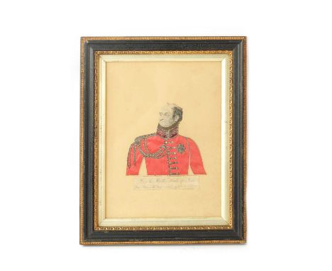 A 19TH CENTURY COLLAGE HALF PORTRAIT OF PRINCE FREDERICK, DUKE OF YORK depicted in a red coat with silvered metal swag work e