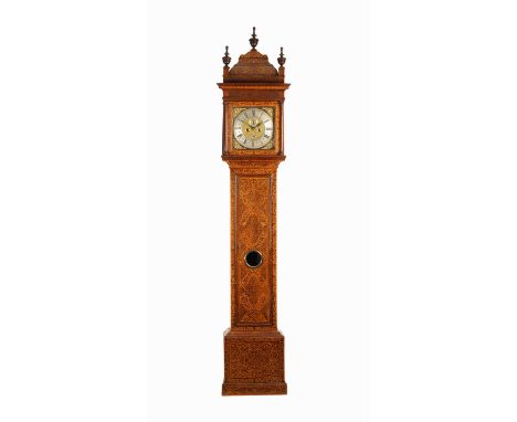 JOHN. MITCHELL LONDON. AN EARLY 18TH CENTURY WALNUT AND SEAWEED MARQUETRY EIGHT DAY LONGCASE CLOCK the tiered caddy top hood 