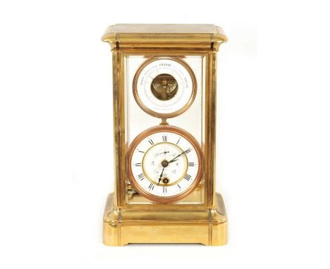 A LATE 19TH CENTURY FOUR-GLASS 400-DAY MANTEL CLOCK WITH BAROMETER the moulded brass glazed case enclosing an enamel dial bar