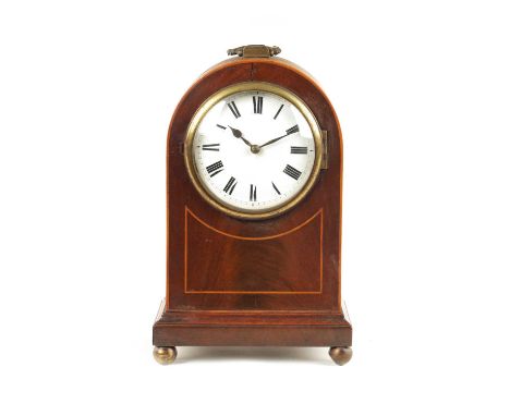 A GEORGE III BOXWOOD STRUNG AND MAHOGANY ARCH-TOP EIGHT-DAY VERGE MANTEL CLOCK with enamel dial and Roman numerals fronting a