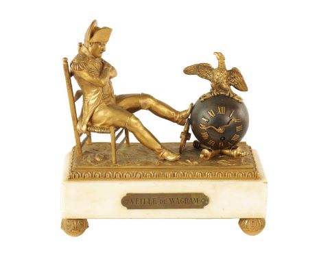 A 19TH CENTURY FRENCH BRONZE, ORMOLU AND WHITE MARBLE MANTEL CLOCK DEPICTING NAPOLEON seated resting his foot against a large