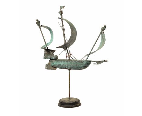 A GOOD 19TH CENTURY WEATHER VANE MODELLED AS A GALLEON in full sail on a revolving base.94cm high 66cm wide.